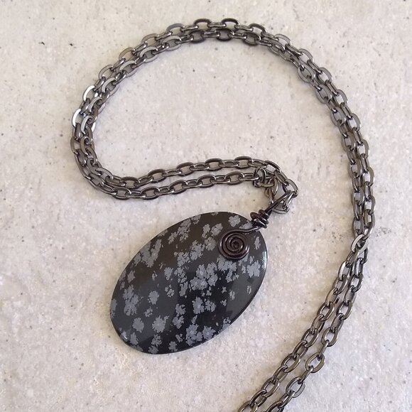Snowflake Obsidian Stone Medallion Necklace & 24" Gunmetal Black Chain ~ Unisex - Picture 1 of 11